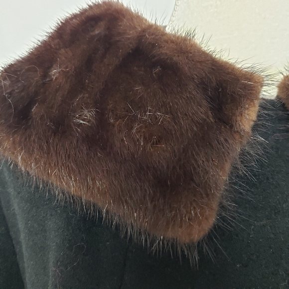 Vtg Townly Wool Dress Coat Mink Fur Collar Black L Satin Lined EUC Mid Century - Picture 3 of 16